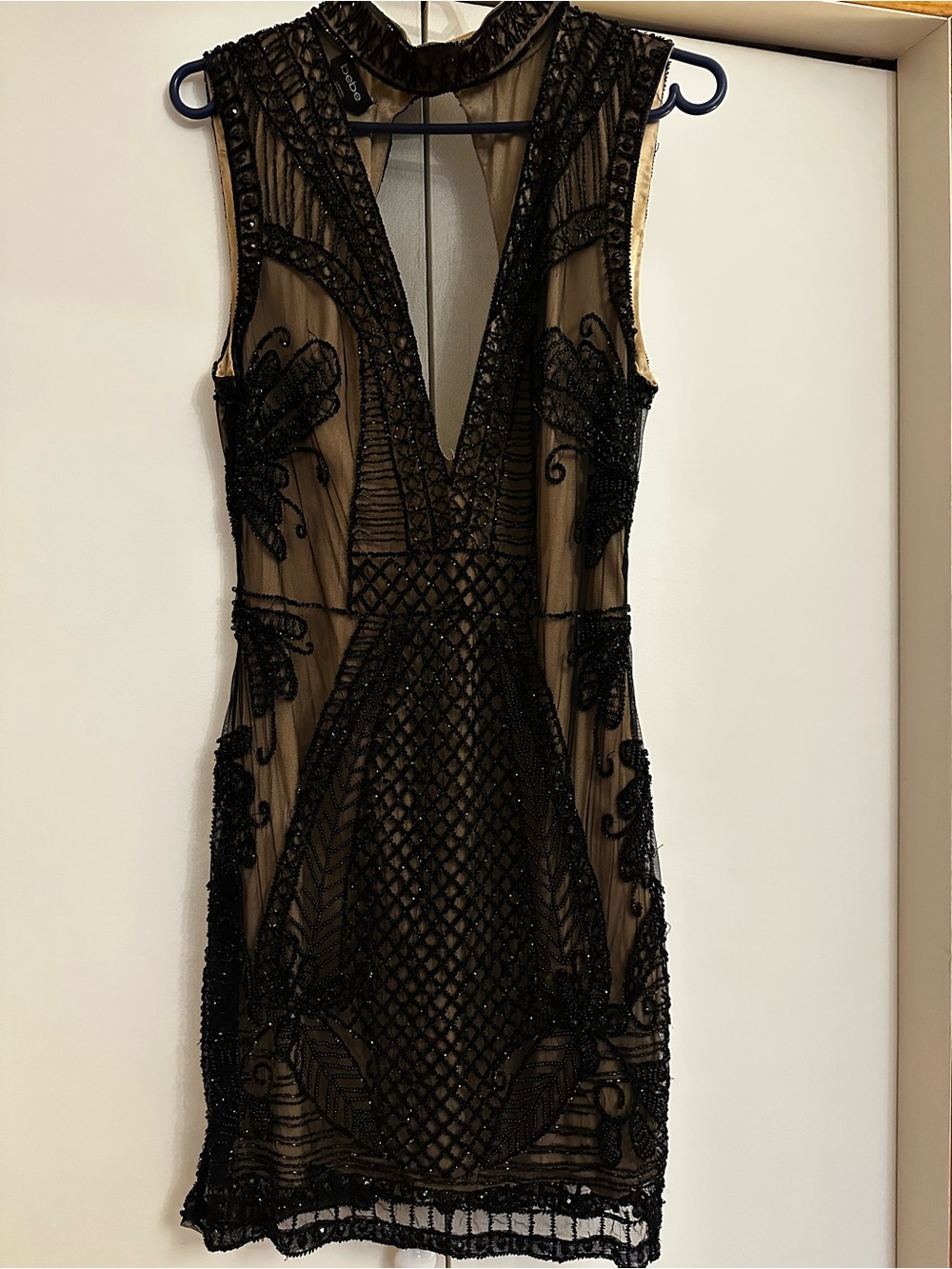 Bebe Sheer Black Beaded Sleeveless Cocktail Dress